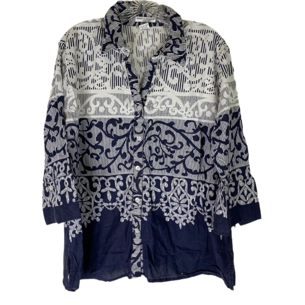 5/$25 Rebecca Malone Shirt Women’s Blue White Floral Button Down 3/4 Sleeves 1X